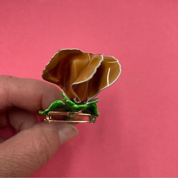 Rose Flower Brooch Pin Brown and Green Jewelry Accessory Boutonniere Ceramic - Picture 7 of 12